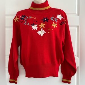 Vintage Obermeyer Red Turtleneck Ski Sweater with Embroidered Edelweiss Size M